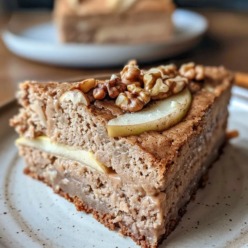 ['A close-up view of a slice of Protein Apple Walnut Cake showcasing its moist texture and apple slices.', 'Side view of a delectable slice of Protein Apple Walnut Cake, revealing chunks of apples and walnuts.', 'A tempting slice of Protein Apple Walnut Cake with visible walnuts and a warm, inviting color palette.', 'Close-up of a protein-rich Apple Walnut Cake slice, highlighting its fluffy interior and topped with apple slices.']