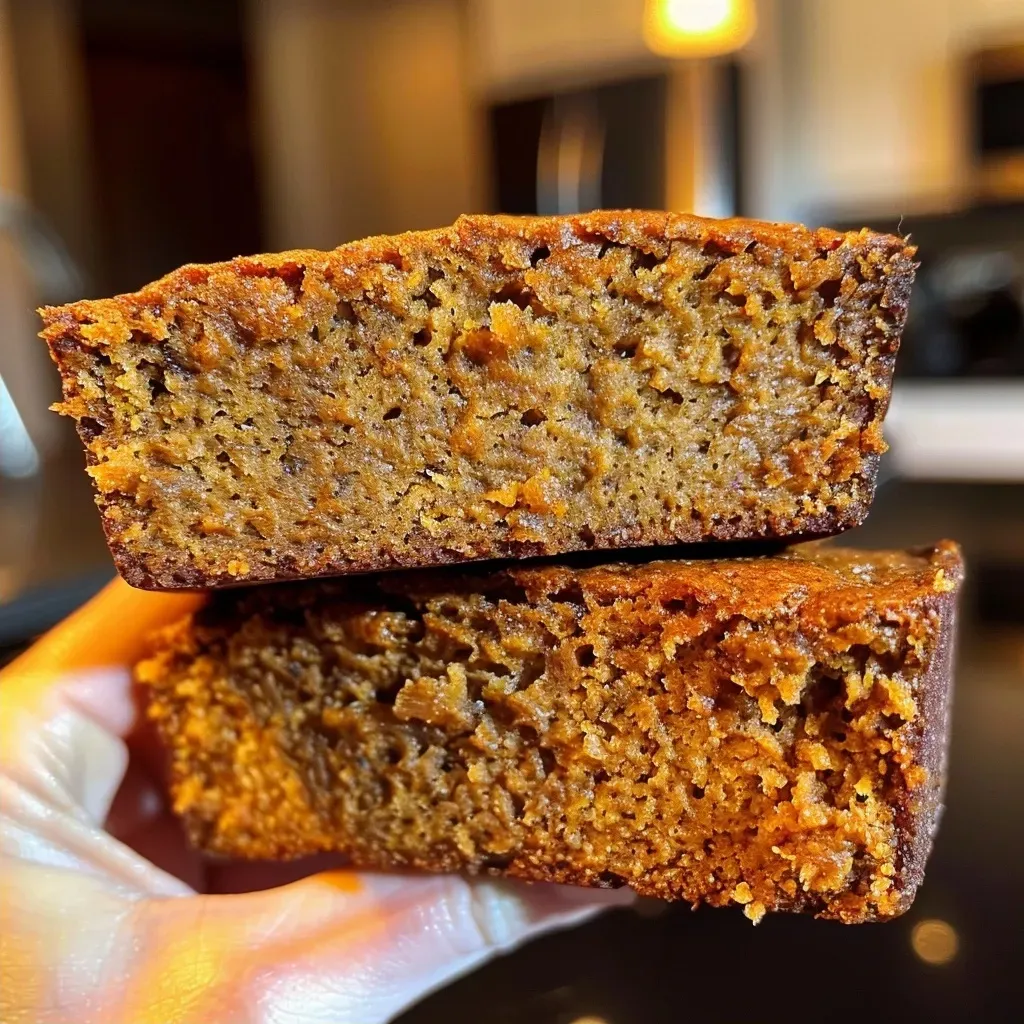 ['Close-up view of a loaf of protein-packed pumpkin spice banana bread.', 'Side angle shot of deliciously baked pumpkin spice banana bread.', 'Juicy slice of pumpkin spice banana bread highlighting its texture.', 'Focused image of moist pumpkin spice banana bread with spices.']