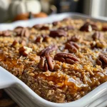 ['A side view close-up of delicious Pumpkin Baked Oatmeal topped with pecans.', 'A sumptuous bowl of Pumpkin Baked Oatmeal with a golden-brown crust and walnut topping.', 'Close-up of moist Pumpkin Baked Oatmeal showcasing spices and nuts in a warm dish.', 'A vivid side view of Pumpkin Baked Oatmeal, highlighting its rich texture and toppings.']
