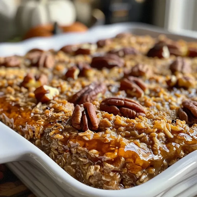 ['A side view close-up of delicious Pumpkin Baked Oatmeal topped with pecans.', 'A sumptuous bowl of Pumpkin Baked Oatmeal with a golden-brown crust and walnut topping.', 'Close-up of moist Pumpkin Baked Oatmeal showcasing spices and nuts in a warm dish.', 'A vivid side view of Pumpkin Baked Oatmeal, highlighting its rich texture and toppings.']
