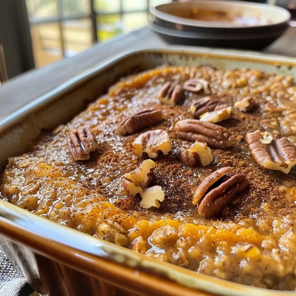 ['A side view close-up of delicious Pumpkin Baked Oatmeal topped with pecans.', 'A sumptuous bowl of Pumpkin Baked Oatmeal with a golden-brown crust and walnut topping.', 'Close-up of moist Pumpkin Baked Oatmeal showcasing spices and nuts in a warm dish.', 'A vivid side view of Pumpkin Baked Oatmeal, highlighting its rich texture and toppings.']