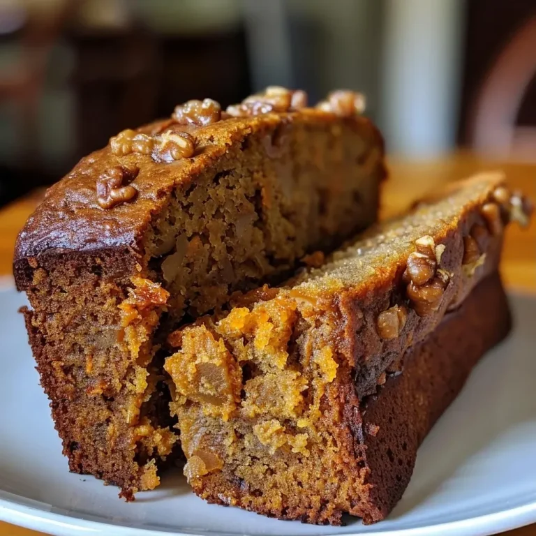 ['A close-up side view of a slice of moist Pumpkin Banana Bread displaying a rich, golden-brown crust.', 'A detailed view of a slice of Pumpkin Banana Bread, highlighting the soft interior and visible chunks of banana.', 'Side view of freshly baked Pumpkin Banana Bread with a textured crust and a moist crumb showcasing spices.', 'A slice of Pumpkin Banana Bread from the side, revealing its enticing blend of pumpkin and banana with nuts.']