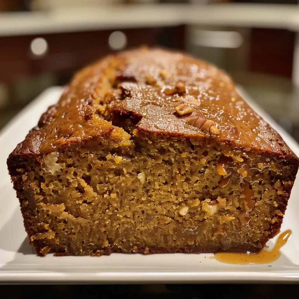 ['A close-up side view of a slice of moist Pumpkin Banana Bread displaying a rich, golden-brown crust.', 'A detailed view of a slice of Pumpkin Banana Bread, highlighting the soft interior and visible chunks of banana.', 'Side view of freshly baked Pumpkin Banana Bread with a textured crust and a moist crumb showcasing spices.', 'A slice of Pumpkin Banana Bread from the side, revealing its enticing blend of pumpkin and banana with nuts.']