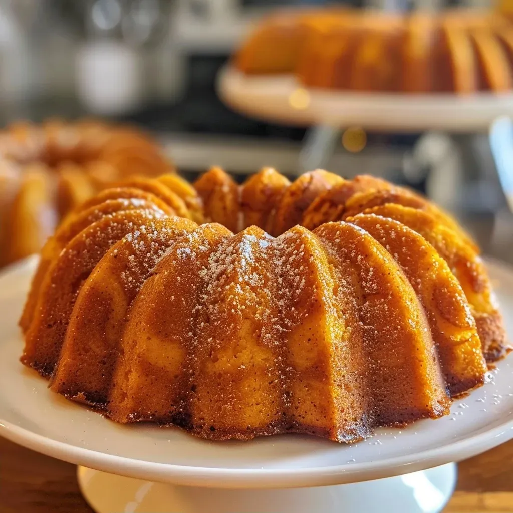 ['Side view of a moist Pumpkin Bundt Cake on a white plate with a smooth glaze.', 'Close-up of Pumpkin Bundt Cake showcasing its rich texture and spiced glaze.', 'A detailed view of a sliced Pumpkin Bundt Cake revealing its fluffy interior and toppings.', 'Side angle of a beautifully decorated Pumpkin Bundt Cake with a light drizzle of icing.']