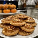 ['Close-up of Pumpkin Butter Thumbprint Cookies with a smooth pumpkin filling.', 'Side view of freshly baked Pumpkin Butter Thumbprint Cookies topped with pecans.', 'Juicy Pumpkin Butter Thumbprint Cookies displayed on a wooden surface.', 'Soft, golden-brown Pumpkin Butter Thumbprint Cookies with a thumbprint indentation.']