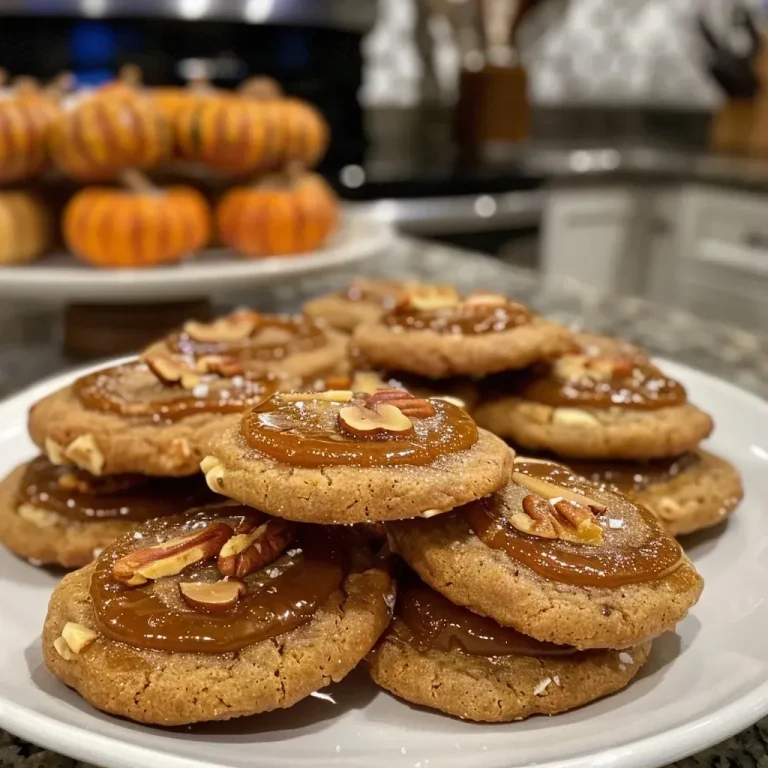 ['Close-up of Pumpkin Butter Thumbprint Cookies with a smooth pumpkin filling.', 'Side view of freshly baked Pumpkin Butter Thumbprint Cookies topped with pecans.', 'Juicy Pumpkin Butter Thumbprint Cookies displayed on a wooden surface.', 'Soft, golden-brown Pumpkin Butter Thumbprint Cookies with a thumbprint indentation.']