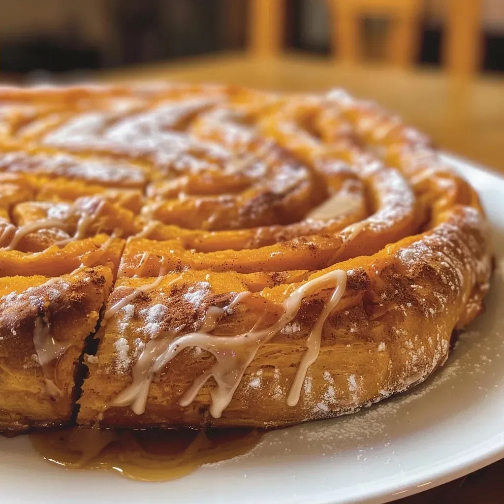 ['Close-up view of pumpkin cinnamon roll focaccia, showcasing its swirled filling and glazed top.', 'Side view of a golden-brown pumpkin cinnamon roll focaccia, highlighting its fluffy texture and sweet glaze.', 'Detailed image of a slice of pumpkin cinnamon roll focaccia with visible cinnamon swirls and icing.', 'Juicy pumpkin cinnamon roll focaccia with a glossy glaze, presented from a side angle.']