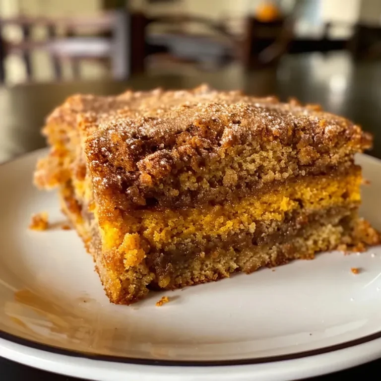 ['Close-up of a slice of moist Pumpkin Coffee Cake with a golden-brown crust.', 'Side view of delicious Pumpkin Coffee Cake, showcasing its layered texture and spices.', 'Juicy Pumpkin Coffee Cake served on a plate, highlighting its smooth pumpkin filling.', 'Luscious Pumpkin Coffee Cake slice with a crumbly topping and rich color.']