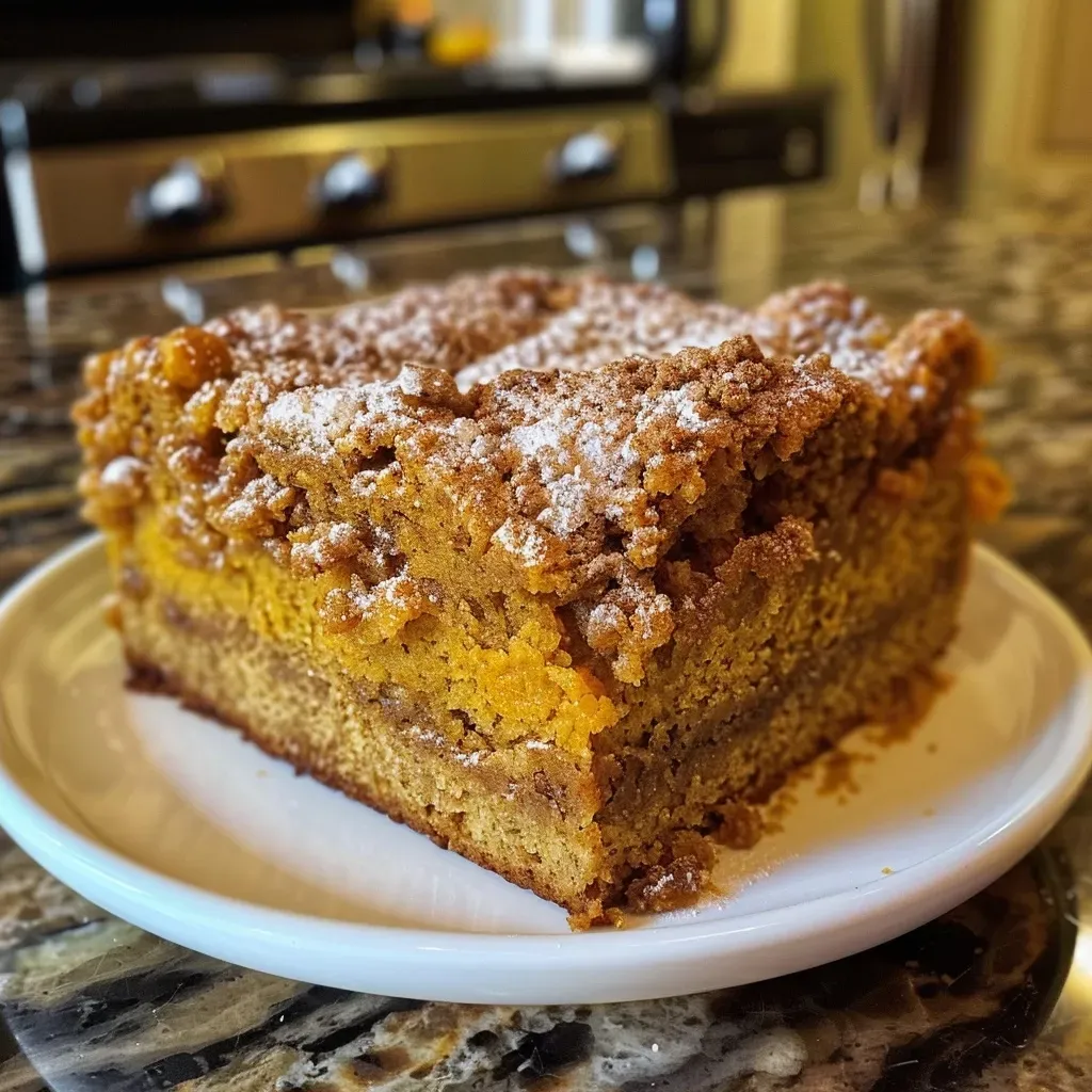 ['Close-up of a slice of moist Pumpkin Coffee Cake with a golden-brown crust.', 'Side view of delicious Pumpkin Coffee Cake, showcasing its layered texture and spices.', 'Juicy Pumpkin Coffee Cake served on a plate, highlighting its smooth pumpkin filling.', 'Luscious Pumpkin Coffee Cake slice with a crumbly topping and rich color.']