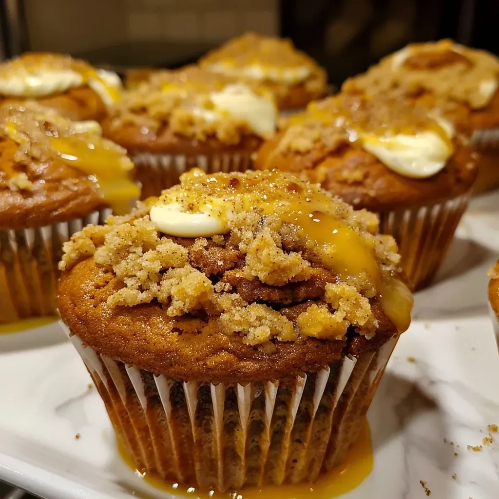 ['Close-up side view of moist pumpkin cream cheese muffin, showcasing its textured top.', 'Delicious pumpkin cream cheese muffin with a golden-brown crust, highlighted in soft light.', 'Slice of pumpkin cream cheese muffin revealing creamy filling, captured in detail.', 'Vibrant pumpkin cream cheese muffin with a perfect crumb structure, set against a simple backdrop.']