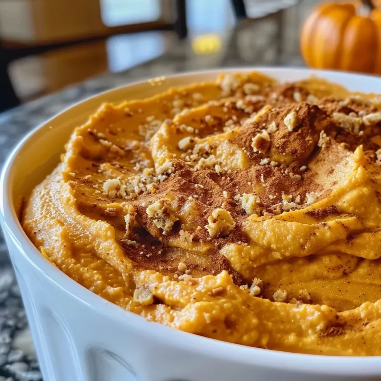 ['Close-up view of creamy Pumpkin Dip in a bowl, with a smooth texture.', 'Side view of a bowl filled with vibrant orange Pumpkin Dip, garnished with a sprinkle of cinnamon.', 'Creamy Pumpkin Dip displayed against a simple backdrop, highlighting its rich color and fluffy consistency.', 'Close-up of a spoonful of Pumpkin Dip being lifted from a bowl, showcasing its velvety texture.']