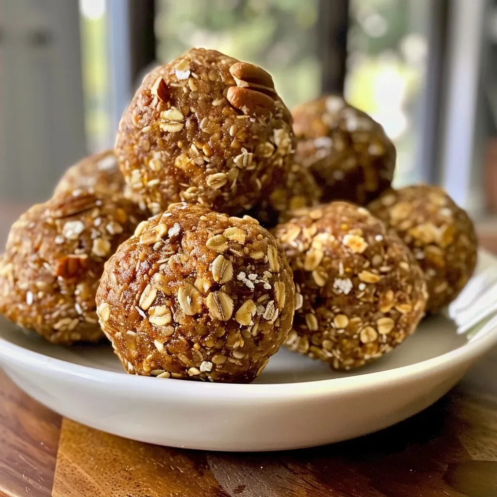 ['Close-up view of a stack of Pumpkin Energy Balls with a smooth texture.', 'Side view of several Pumpkin Energy Balls showcasing their nutty and vibrant appearance.', 'Detailed image of Pumpkin Energy Balls highlighting the mix of ingredients like oats and pecans.', 'Close-up of a single Pumpkin Energy Ball displaying its chewy surface and toppings.']