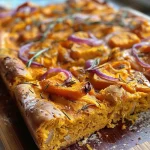 ['Close-up side view of a golden-brown pumpkin focaccia with visible sage leaves and pepitas.', 'Detailed shot of pumpkin focaccia showcasing its airy texture and topping of parmesan and sage.', 'Photo of a freshly baked pumpkin focaccia with a crusty exterior and scattered pumpkin seeds.', 'Side view image of a rustic pumpkin focaccia, highlighting its rich color and herbs.']