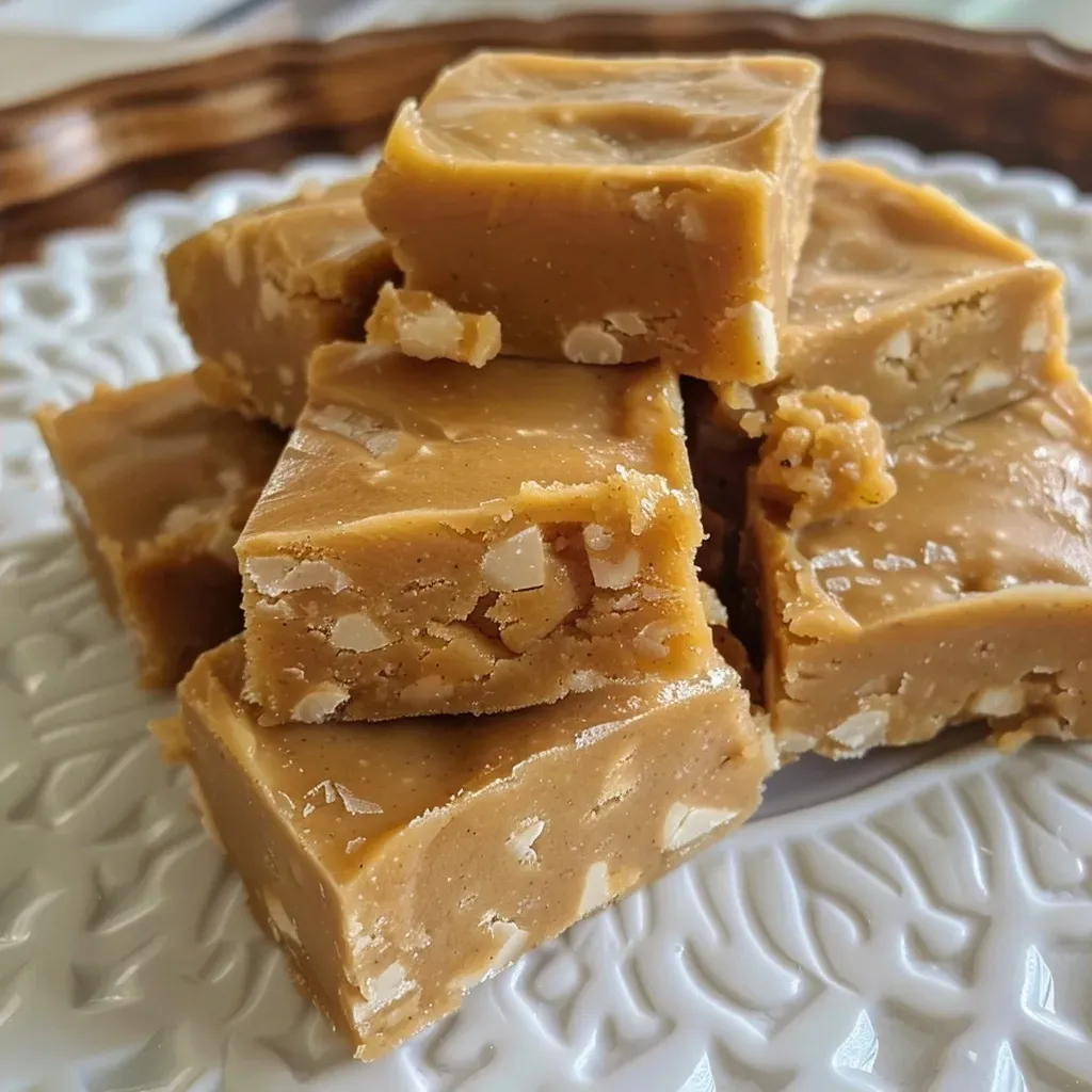 ['A close-up side view of creamy pumpkin fudge pieces on a white plate.', 'A detailed image of pumpkin fudge squares with a smooth texture and warm color.', 'A side view of rich, orange pumpkin fudge displayed elegantly on a wooden surface.', 'Close-up of luscious pumpkin fudge with a sprinkle of cinnamon on top.']