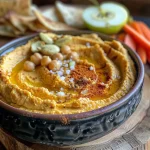 ['A creamy blend of pumpkin hummus in a bowl, garnished with roasted pepitas and olive oil.', 'Close-up view of a vibrant orange pumpkin hummus, served with pita chips and sliced vegetables.', 'A side view of pumpkin hummus topped with paprika and pepitas, surrounded by fresh carrots and cucumbers.', 'A bowl of pumpkin hummus with olive oil drizzle, alongside crispy tortilla chips and apple slices.']