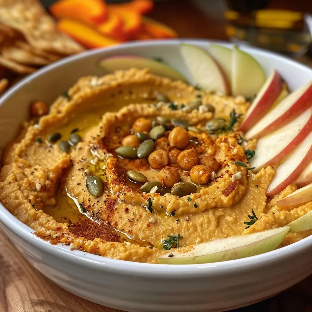 ['A creamy blend of pumpkin hummus in a bowl, garnished with roasted pepitas and olive oil.', 'Close-up view of a vibrant orange pumpkin hummus, served with pita chips and sliced vegetables.', 'A side view of pumpkin hummus topped with paprika and pepitas, surrounded by fresh carrots and cucumbers.', 'A bowl of pumpkin hummus with olive oil drizzle, alongside crispy tortilla chips and apple slices.']
