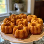 ['Close-up side view of a moist Pumpkin Mini Bundt Cake with orange-brown hue.', 'Delicate Pumpkin Mini Bundt Cakes arranged elegantly, showcasing their intricate design.', 'A slice of Pumpkin Mini Bundt Cake revealing a soft and fluffy interior, topped with cream cheese frosting.', 'Pumpkin Mini Bundt Cakes displayed on a rustic wooden table, highlighting their festive appeal.']
