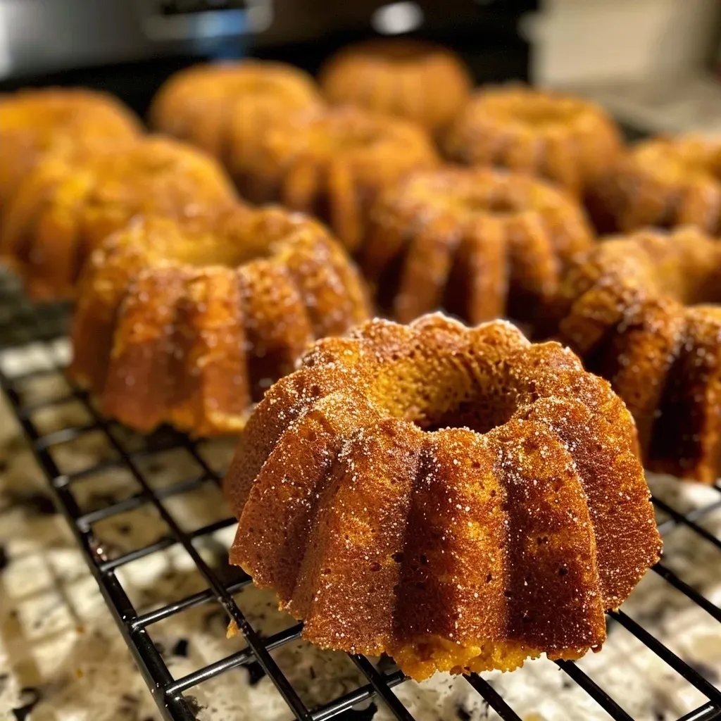 ['Close-up side view of a moist Pumpkin Mini Bundt Cake with orange-brown hue.', 'Delicate Pumpkin Mini Bundt Cakes arranged elegantly, showcasing their intricate design.', 'A slice of Pumpkin Mini Bundt Cake revealing a soft and fluffy interior, topped with cream cheese frosting.', 'Pumpkin Mini Bundt Cakes displayed on a rustic wooden table, highlighting their festive appeal.']