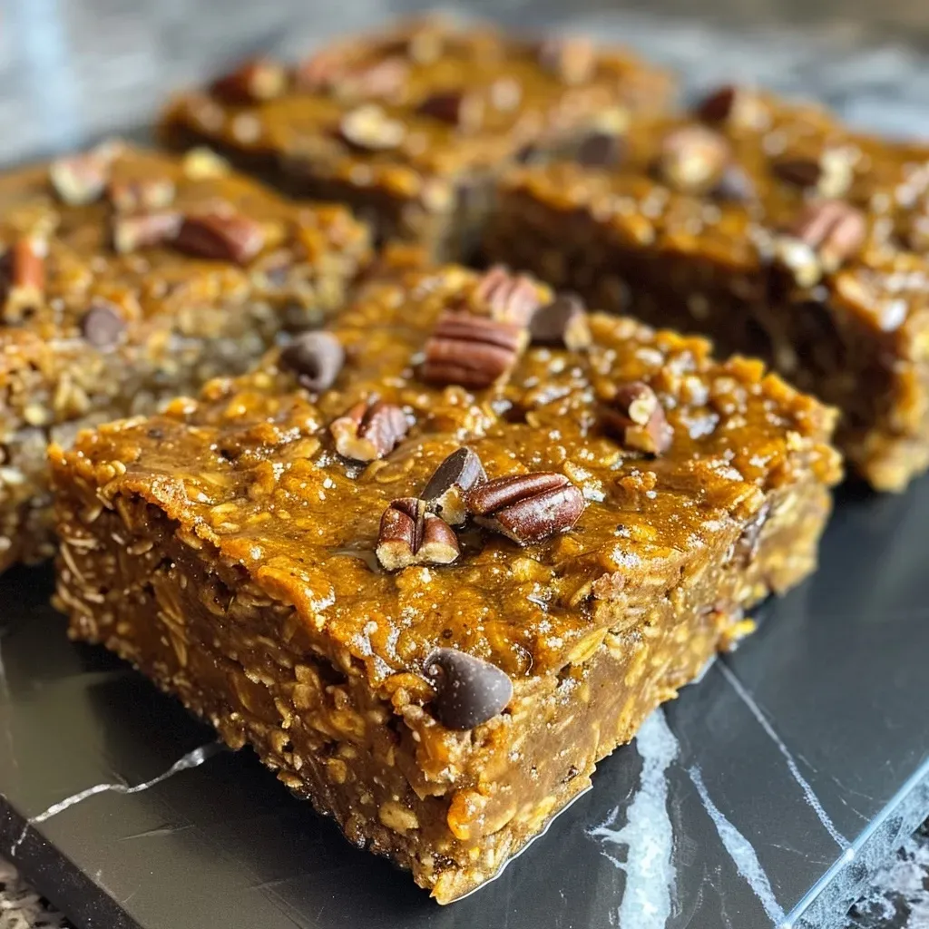 ['A close-up side view of golden-brown pumpkin oatmeal bars on a textured surface.', 'Juicy pumpkin oatmeal bars displayed in a side profile, showcasing their chewy texture.', 'A side view of moist pumpkin oatmeal bars with visible oats and pumpkin spice ingredients.', 'Delicious pumpkin oatmeal bars captured from the side, highlighting their rich color and texture.']