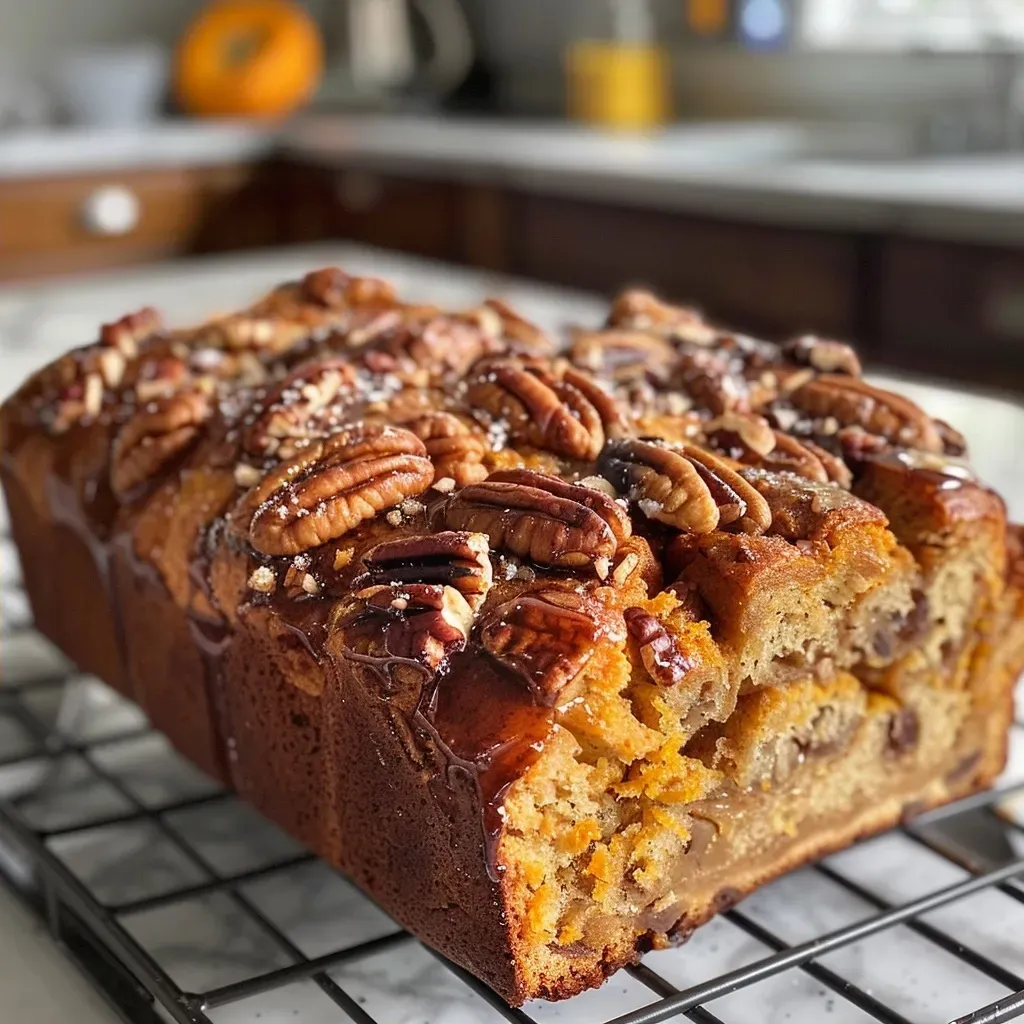 ['A close-up side view of a golden-brown Pumpkin Pecan Babka with visible pecan pieces.', 'Side view of a freshly baked Pumpkin Pecan Babka showcasing its spiral layers and texture.', 'Juicy Pumpkin Pecan Babka on a wooden surface, highlighting its rich colors and nutty topping.', 'Detailed side shot of a Pumpkin Pecan Babka, emphasizing the blend of pumpkin and pecan in the bread.']