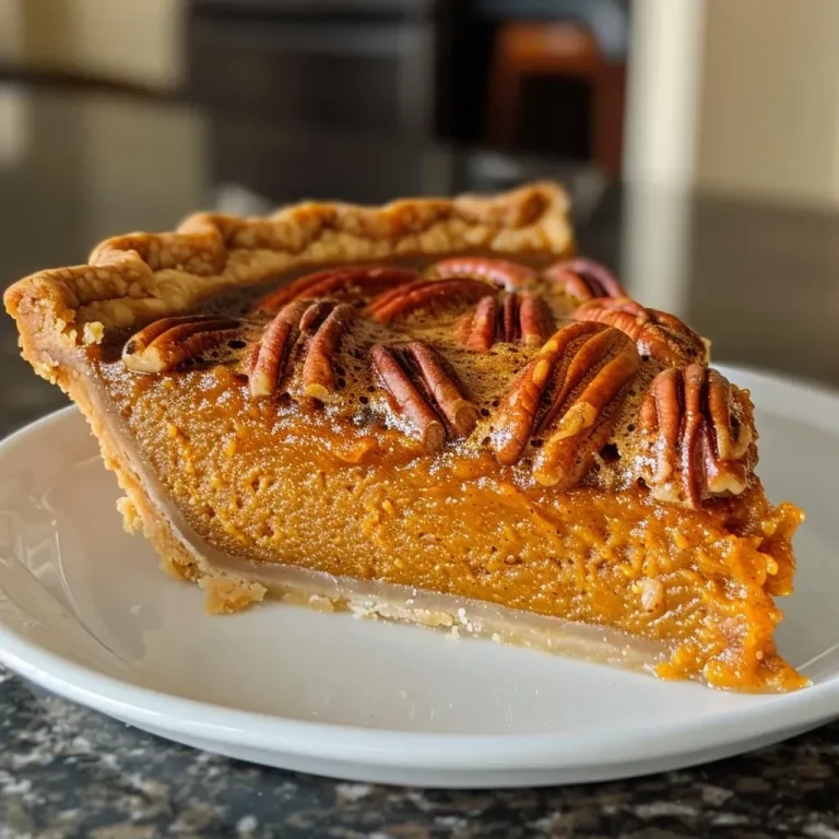 ['Close-up view of a slice of Pumpkin Pecan Pie with a flaky crust and pecan topping.', 'Side view of Pumpkin Pecan Pie showcasing its filling and pecan pieces.', 'Detailed shot of a pumpkin pie with glistening pecans on top, set on a plate.', 'Delicious Pumpkin Pecan Pie slice highlighting the rich filling and crunchy pecans.']