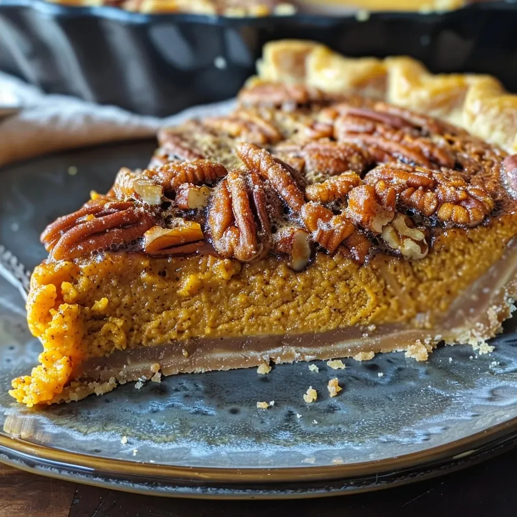 ['Close-up view of a slice of Pumpkin Pecan Pie with a flaky crust and pecan topping.', 'Side view of Pumpkin Pecan Pie showcasing its filling and pecan pieces.', 'Detailed shot of a pumpkin pie with glistening pecans on top, set on a plate.', 'Delicious Pumpkin Pecan Pie slice highlighting the rich filling and crunchy pecans.']