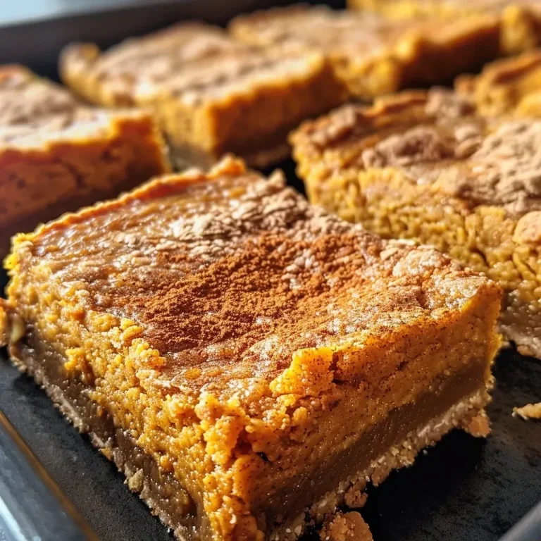 ['Close-up side view of delicious pumpkin pie bars with a golden crust.', 'Juicy pumpkin pie bars showing layers of creamy filling and crust.', 'Rich pumpkin pie bars with a glossy top, placed on a white background.', 'Sliced pumpkin pie bars showcasing texture and color contrast.']