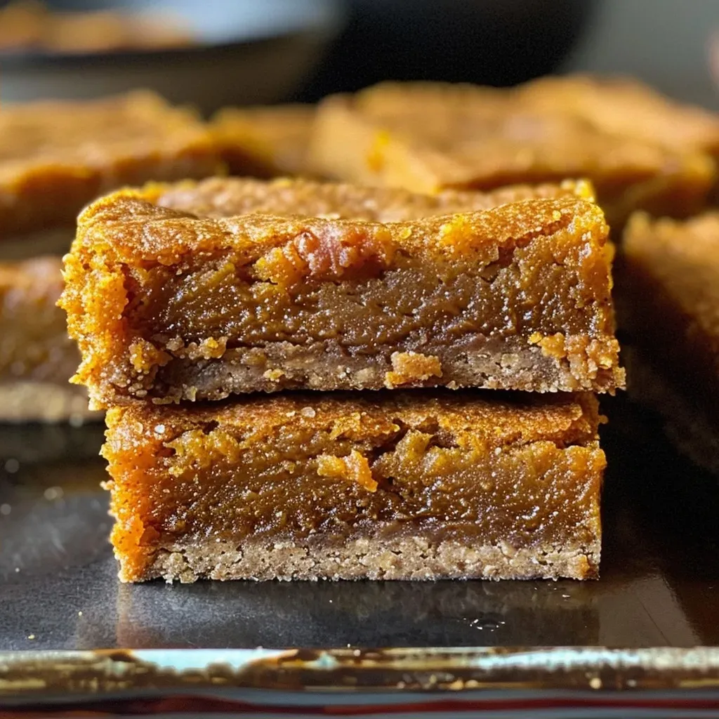 ['Close-up side view of delicious pumpkin pie bars with a golden crust.', 'Juicy pumpkin pie bars showing layers of creamy filling and crust.', 'Rich pumpkin pie bars with a glossy top, placed on a white background.', 'Sliced pumpkin pie bars showcasing texture and color contrast.']