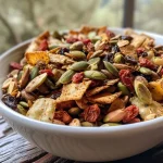 ['Close-up view of a colorful pumpkin seed trail mix with various ingredients visible.', 'Side view of a bowl filled with pumpkin seed trail mix showcasing plantain chips, pistachios, and berries.', 'Detailed look at a nutritious trail mix featuring goji berries, cacao nibs, and raw pepitas.', 'Vibrant mixture of plantain chips, pistachios, pumpkin seeds, and dried fruits in a bowl.']
