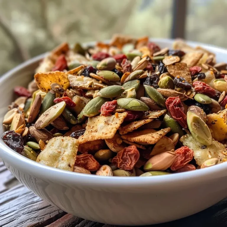 ['Close-up view of a colorful pumpkin seed trail mix with various ingredients visible.', 'Side view of a bowl filled with pumpkin seed trail mix showcasing plantain chips, pistachios, and berries.', 'Detailed look at a nutritious trail mix featuring goji berries, cacao nibs, and raw pepitas.', 'Vibrant mixture of plantain chips, pistachios, pumpkin seeds, and dried fruits in a bowl.']