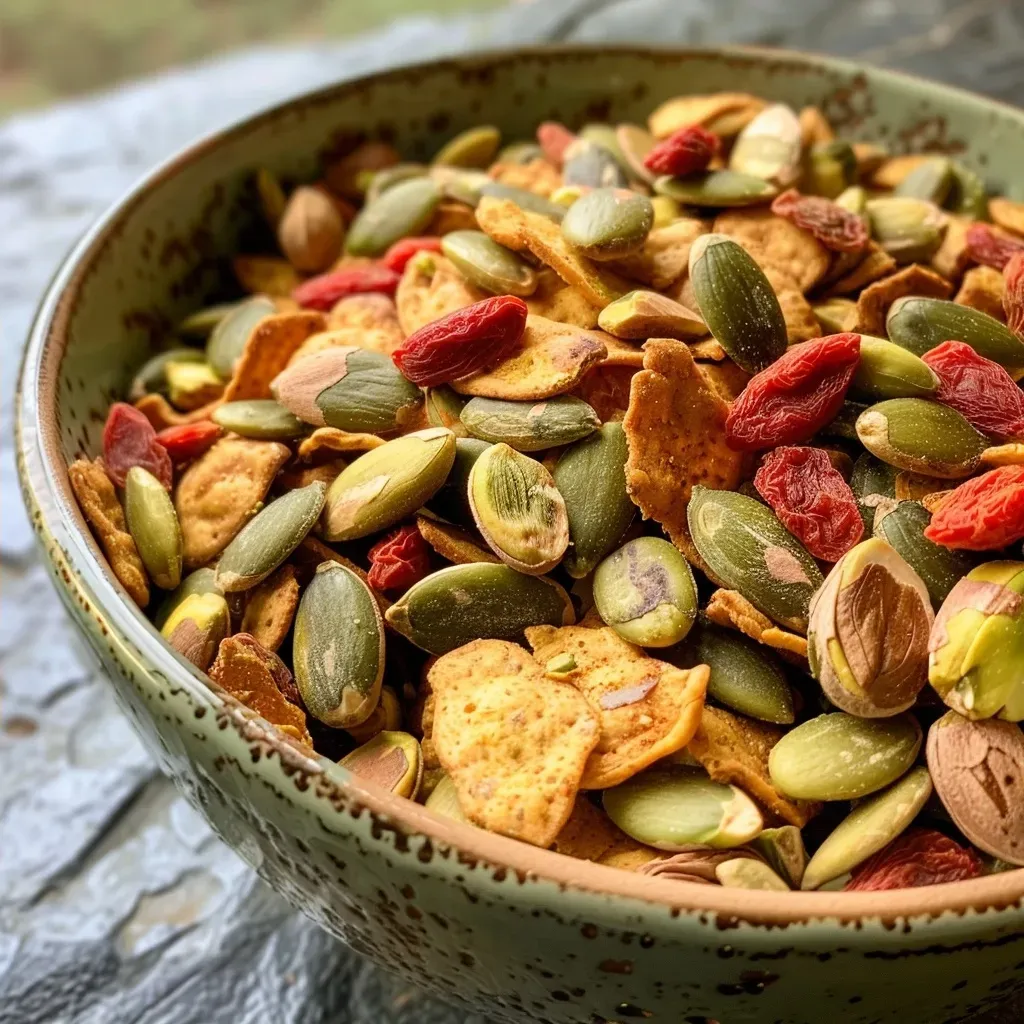 ['Close-up view of a colorful pumpkin seed trail mix with various ingredients visible.', 'Side view of a bowl filled with pumpkin seed trail mix showcasing plantain chips, pistachios, and berries.', 'Detailed look at a nutritious trail mix featuring goji berries, cacao nibs, and raw pepitas.', 'Vibrant mixture of plantain chips, pistachios, pumpkin seeds, and dried fruits in a bowl.']