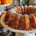 ['Close-up side view of a Pumpkin Spice Bundt Cake with a smooth surface.', 'A slice of Pumpkin Spice Bundt Cake showing its moist texture and spice flecks.', 'Detailed side view of a delicious Pumpkin Spice Bundt Cake topped with cream cheese icing.', 'Pumpkin Spice Bundt Cake on a white plate, highlighting its rich orange color and glaze.']