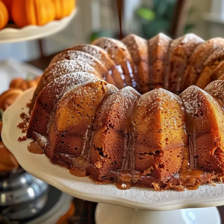 ['Close-up side view of a Pumpkin Spice Bundt Cake with a smooth surface.', 'A slice of Pumpkin Spice Bundt Cake showing its moist texture and spice flecks.', 'Detailed side view of a delicious Pumpkin Spice Bundt Cake topped with cream cheese icing.', 'Pumpkin Spice Bundt Cake on a white plate, highlighting its rich orange color and glaze.']