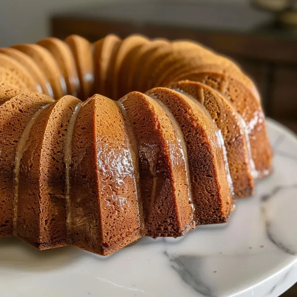 ['Close-up side view of a Pumpkin Spice Bundt Cake with a smooth surface.', 'A slice of Pumpkin Spice Bundt Cake showing its moist texture and spice flecks.', 'Detailed side view of a delicious Pumpkin Spice Bundt Cake topped with cream cheese icing.', 'Pumpkin Spice Bundt Cake on a white plate, highlighting its rich orange color and glaze.']