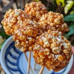 ['Close-up view of Pumpkin Spice Caramel Popcorn Balls drizzled with white chocolate.', 'A side angle of delicious popcorn balls coated in pumpkin spice caramel and topped with white chocolate.', 'Detailed shot of gooey caramel popcorn balls decorated with a white chocolate drizzle.', 'Mouthwatering Pumpkin Spice Caramel Popcorn Balls on a stick, showcasing their sweet, intricate texture.']