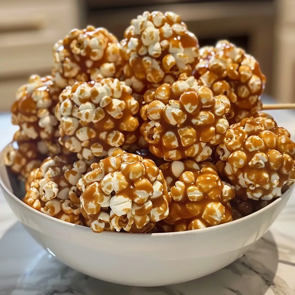 ['Close-up view of Pumpkin Spice Caramel Popcorn Balls drizzled with white chocolate.', 'A side angle of delicious popcorn balls coated in pumpkin spice caramel and topped with white chocolate.', 'Detailed shot of gooey caramel popcorn balls decorated with a white chocolate drizzle.', 'Mouthwatering Pumpkin Spice Caramel Popcorn Balls on a stick, showcasing their sweet, intricate texture.']