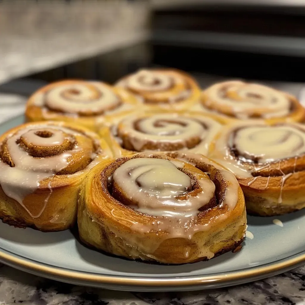 Close-up view of pumpkin spice cinnamon rolls drizzled with icing.