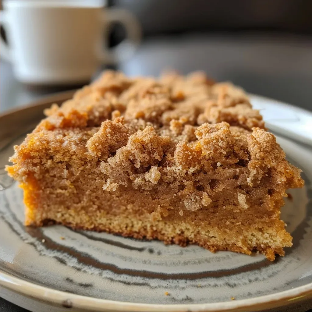 ['Close-up view of a moist Pumpkin Spice Crumb Cake with a golden brown topping.', 'Side angle of a Pumpkin Spice Crumb Cake highlighting its crumbly texture and spices.', 'Detailed shot of a Pumpkin Spice Crumb Cake featuring a buttery crumb layer and warm spices.', 'Close-up of a freshly baked Pumpkin Spice Crumb Cake showcasing its rich, pumpkin color.']