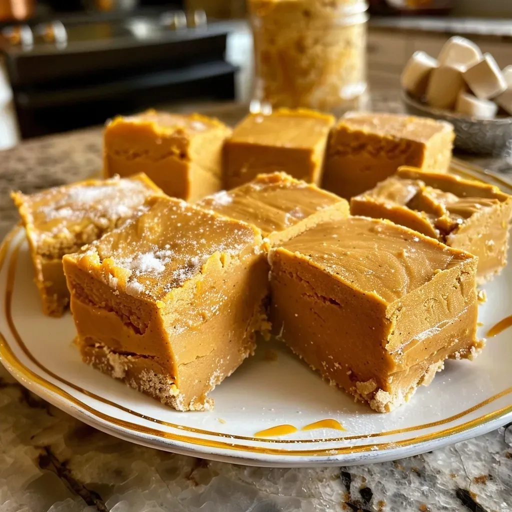 ['Side view of creamy Pumpkin Spice Fudge on a plate.', 'Close-up shot of Pumpkin Spice Fudge with a smooth texture.', 'A delicious piece of Pumpkin Spice Fudge displayed on a wooden table.', 'Rich, colorful Pumpkin Spice Fudge with visible spices and crumbs.']
