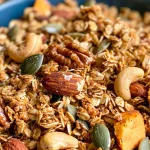 ['Close-up view of golden brown pumpkin spice granola with visible oats and spices.', 'Side view of a bowl filled with crunchy pumpkin spice granola, highlighting its texture.', 'Detailed shot of pumpkin spice granola showing oats, seeds, and nuts, emphasizing its rich color.', 'Close-up image of pumpkin spice granola showcasing a mix of ingredients like oats, pumpkin seeds, and cranberries.']