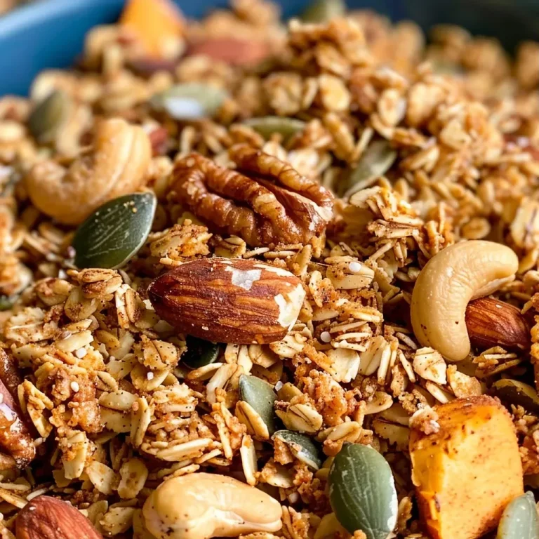 ['Close-up view of golden brown pumpkin spice granola with visible oats and spices.', 'Side view of a bowl filled with crunchy pumpkin spice granola, highlighting its texture.', 'Detailed shot of pumpkin spice granola showing oats, seeds, and nuts, emphasizing its rich color.', 'Close-up image of pumpkin spice granola showcasing a mix of ingredients like oats, pumpkin seeds, and cranberries.']
