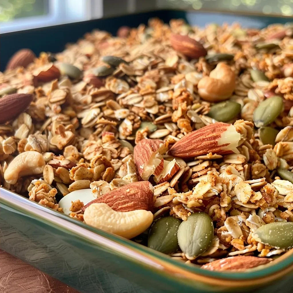 ['Close-up view of golden brown pumpkin spice granola with visible oats and spices.', 'Side view of a bowl filled with crunchy pumpkin spice granola, highlighting its texture.', 'Detailed shot of pumpkin spice granola showing oats, seeds, and nuts, emphasizing its rich color.', 'Close-up image of pumpkin spice granola showcasing a mix of ingredients like oats, pumpkin seeds, and cranberries.']