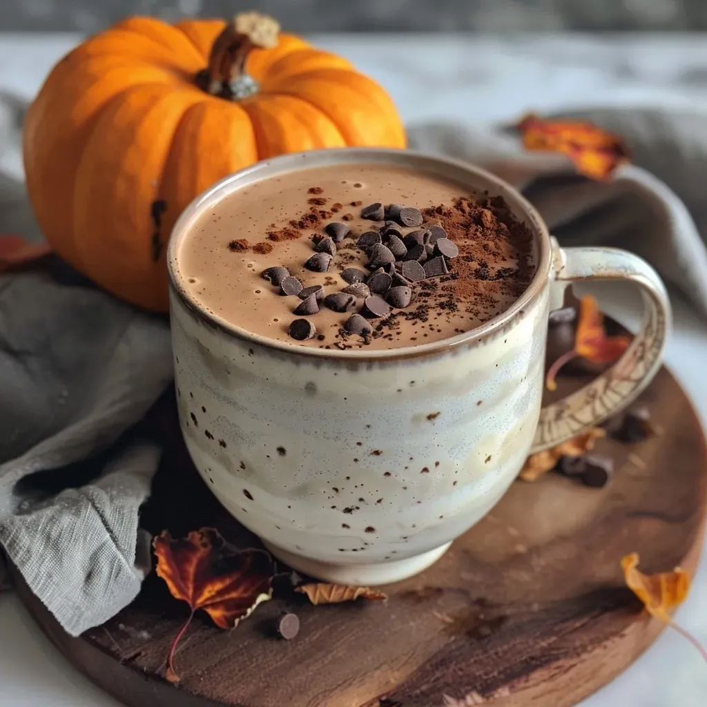 Close-up of Pumpkin Spice Hot Chocolate with whipped cream and cocoa on top.