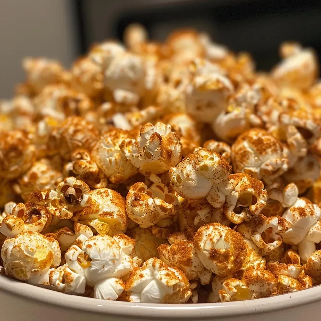 ['Close-up of homemade pumpkin spice popcorn coated with spices.', 'Side view of pumpkin spice popcorn with a golden-brown hue.', 'Delicious pumpkin spice popcorn in a bowl, showcasing its savory seasoning.', 'Textured popcorn sprinkled with pumpkin spice, inviting and colorful.']