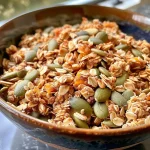 ['Close-up view of Pumpkin Spice Protein Granola in a bowl, showcasing oats and pumpkin seeds.', 'Side view of crunchy Pumpkin Spice Protein Granola with visible spices and seeds.', 'Detailed shot of a bowl filled with homemade Pumpkin Spice Protein Granola, emphasizing texture.', 'Angle view of delicious Pumpkin Spice Protein Granola with colorful ingredients like pumpkin seeds and oats.']