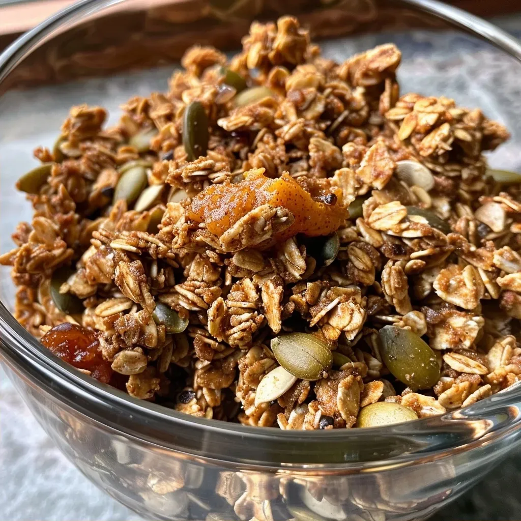 ['Close-up view of Pumpkin Spice Protein Granola in a bowl, showcasing oats and pumpkin seeds.', 'Side view of crunchy Pumpkin Spice Protein Granola with visible spices and seeds.', 'Detailed shot of a bowl filled with homemade Pumpkin Spice Protein Granola, emphasizing texture.', 'Angle view of delicious Pumpkin Spice Protein Granola with colorful ingredients like pumpkin seeds and oats.']