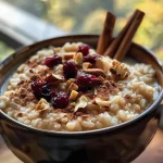 ['Close-up of creamy pumpkin spice rice pudding topped with almonds and cranberries.', 'Side view of a bowl filled with pumpkin spice rice pudding garnished with cinnamon sticks.', 'Detailed shot of pumpkin spice rice pudding with a sprinkle of cinnamon and crushed almonds.', 'Rich pumpkin spice rice pudding served in a bowl, showcasing its creamy texture and toppings.']