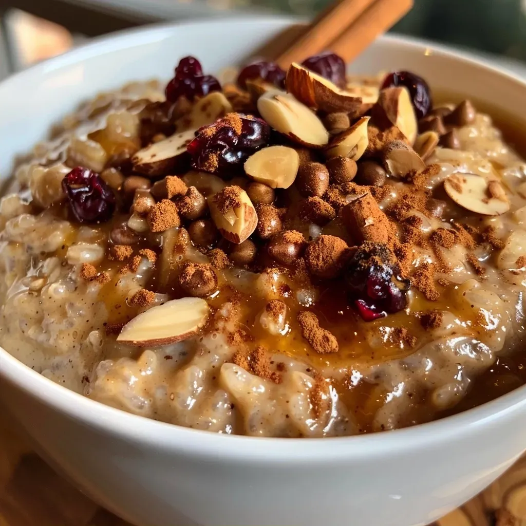 ['Close-up of creamy pumpkin spice rice pudding topped with almonds and cranberries.', 'Side view of a bowl filled with pumpkin spice rice pudding garnished with cinnamon sticks.', 'Detailed shot of pumpkin spice rice pudding with a sprinkle of cinnamon and crushed almonds.', 'Rich pumpkin spice rice pudding served in a bowl, showcasing its creamy texture and toppings.']