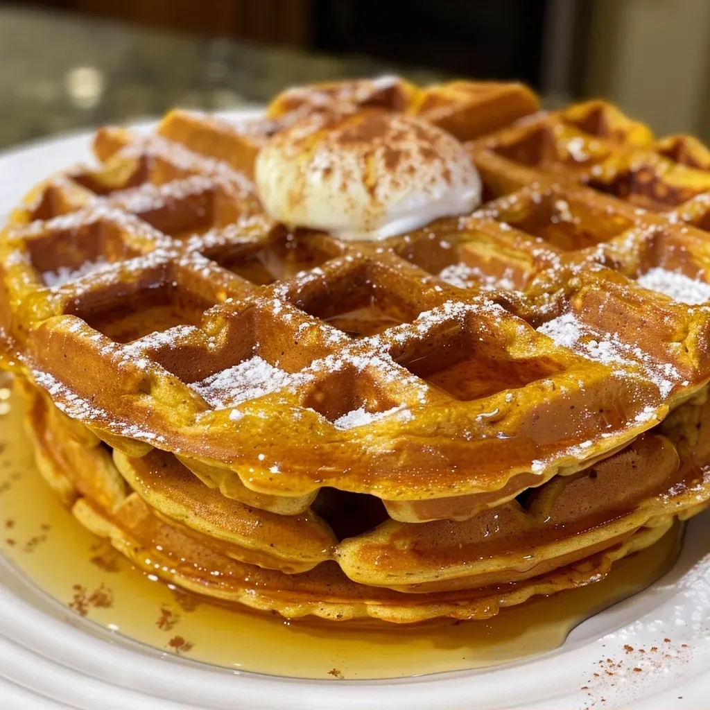 ['Close-up view of golden pumpkin waffles topped with syrup and spices.', 'Side view of a stack of pumpkin waffles drizzled with maple syrup.', 'Juicy pumpkin waffles displayed with a sprinkle of cinnamon and maple syrup.', 'Deliciously fluffy pumpkin waffles served on a plate with syrup glistening.']