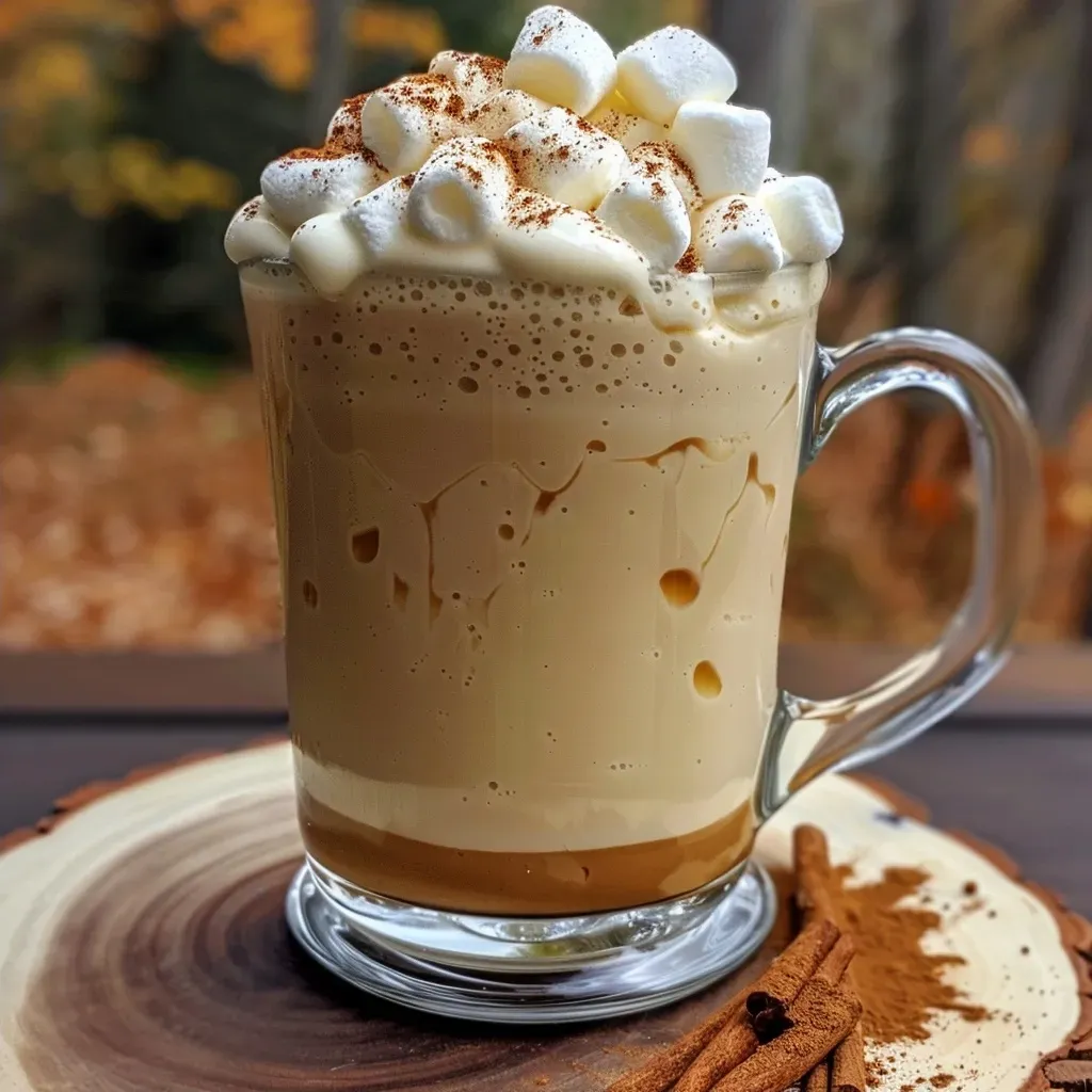 ['Close-up view of a creamy pumpkin white hot chocolate in a glass mug.', 'A deliciously rich pumpkin white hot chocolate topped with whipped cream and cinnamon.', 'Side view of a warm pumpkin white hot chocolate with mini marshmallows floating on top.', 'A glass of pumpkin white hot chocolate with a swirl of whipped cream and seasonal spices.']